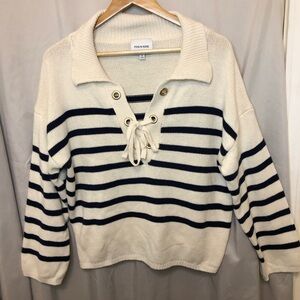 Pink Rose Women's Nautical Striped Sweater - Cream and Navy Blue short body.